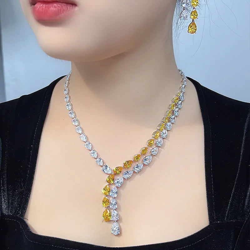 Luxury Pear-Cut Cubic Zirconia Water Drop Tassel Necklace & Earrings Romantic Middle Eastern Bridal Set — Rhodium Plated