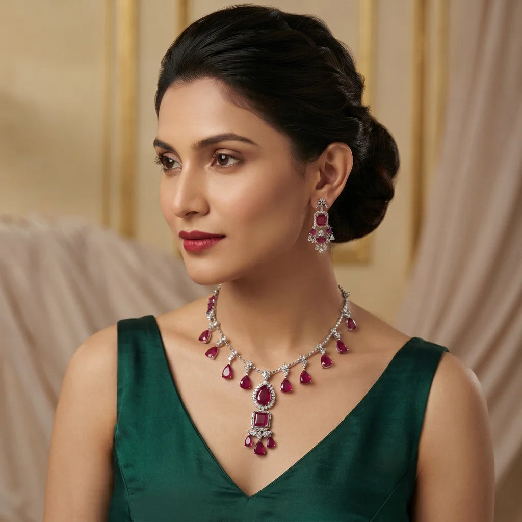 Luxury Silver Plated American Diamond Ruby Pink Stone Pendant Necklace Set for Women Wedding Party Wear Designer Jewelry