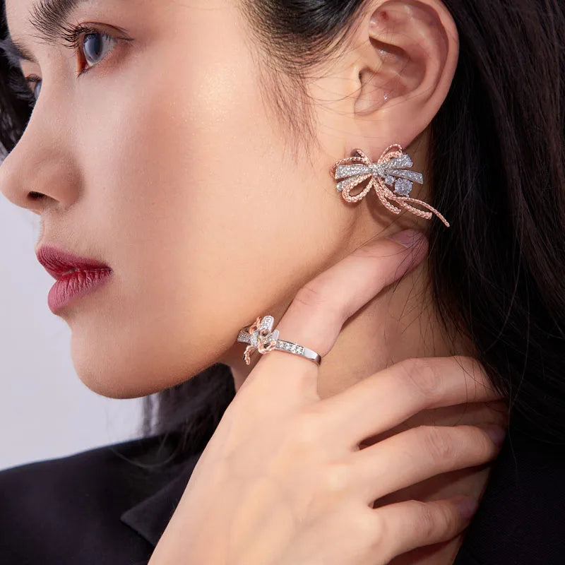 Factory Supply Fashion Bow Tassel Palaiba Zircon Large Earrings Necklace Ring Party Wedding Jewelry Set