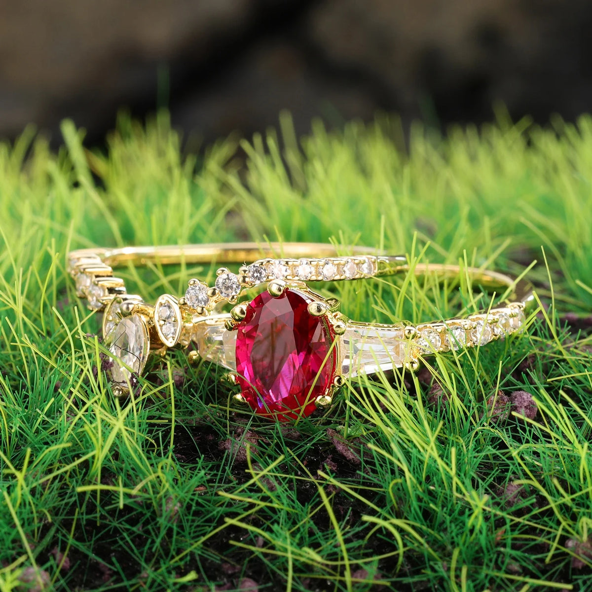 ArtistA Abiding Perfect Match 18K Gold Plated 925 Silver Lab Made Created Ruby Gemstone Rings Set Women Bridal Set