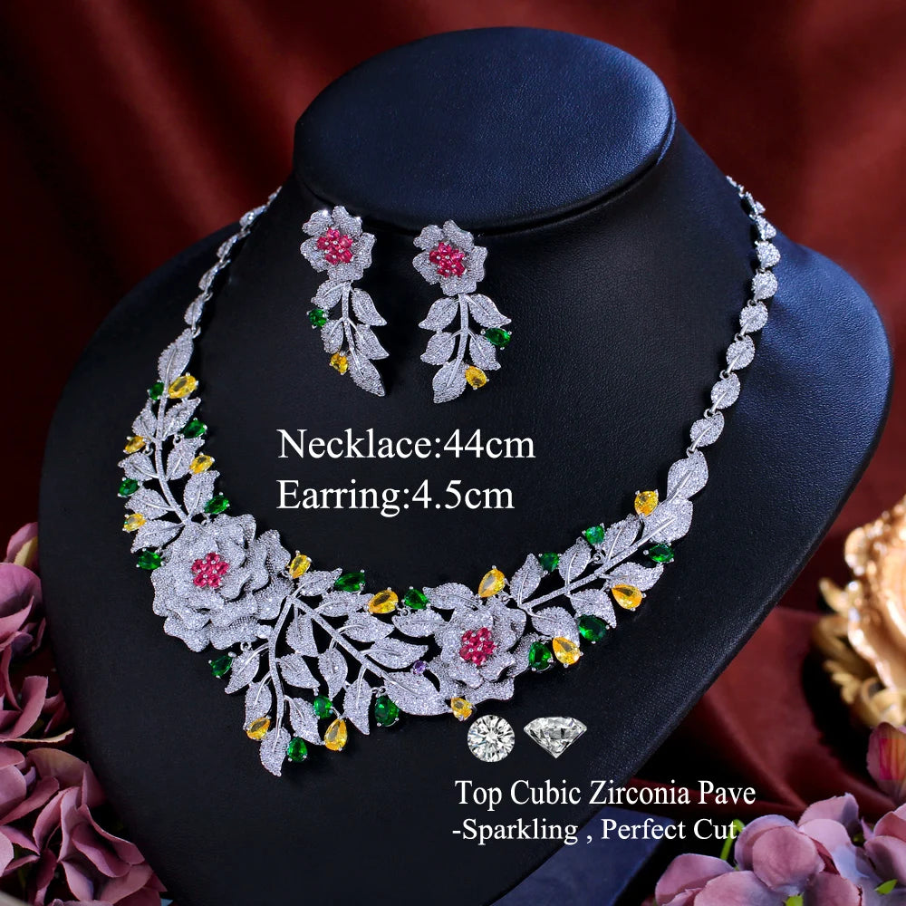 Luxury African Gold Plated Cubic Zirconia Statement Flower Leaf Shape Bridal Jewelry Set for Women Wedding Costume Jewellery
