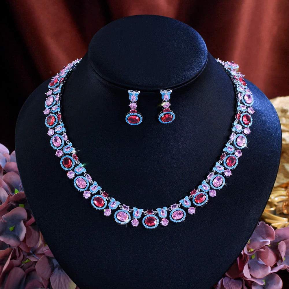 Glamorous Necklace and Earrings Oval Shape Dazzling Cubic Zirconia Blue Red Pink Big Multicolor Jewelry Set for Women Banquet