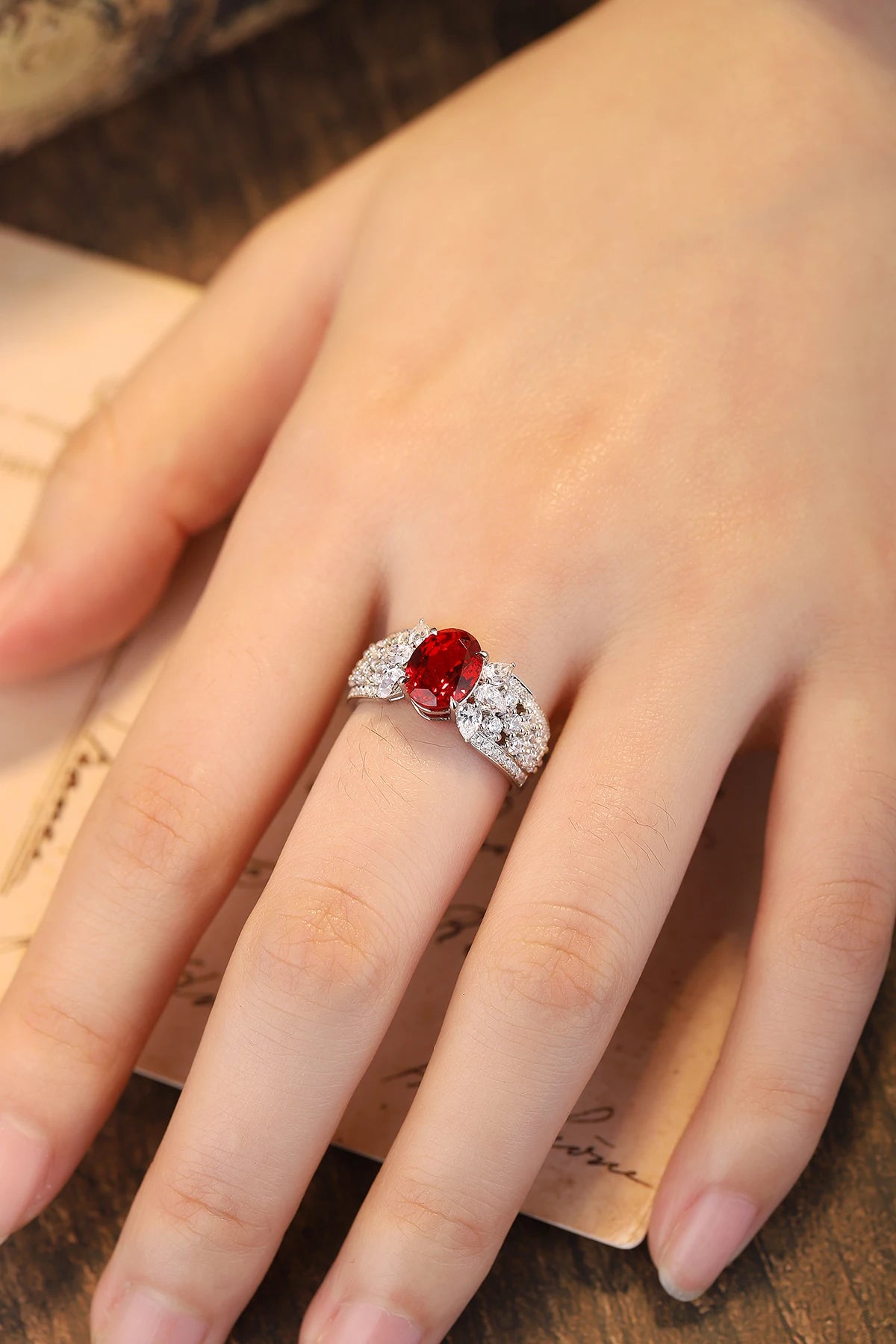 Gemfiori New Popular Lab Grown Ruby Ring 7*9mm 3.5 Carat Lab Created Engagement Ring 925 Sterling Silver Lab Ruby Ring for Giftgs