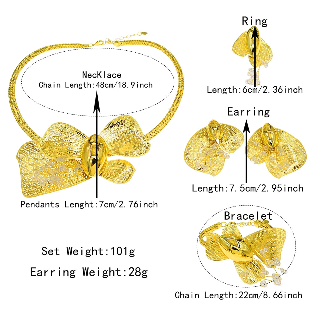 Zhuerrui Luxury Gold Plated Bow Knot Jewelry Set Rhinestones for Women Necklace Earrings Bracelet Ring Party Accessories MY20935