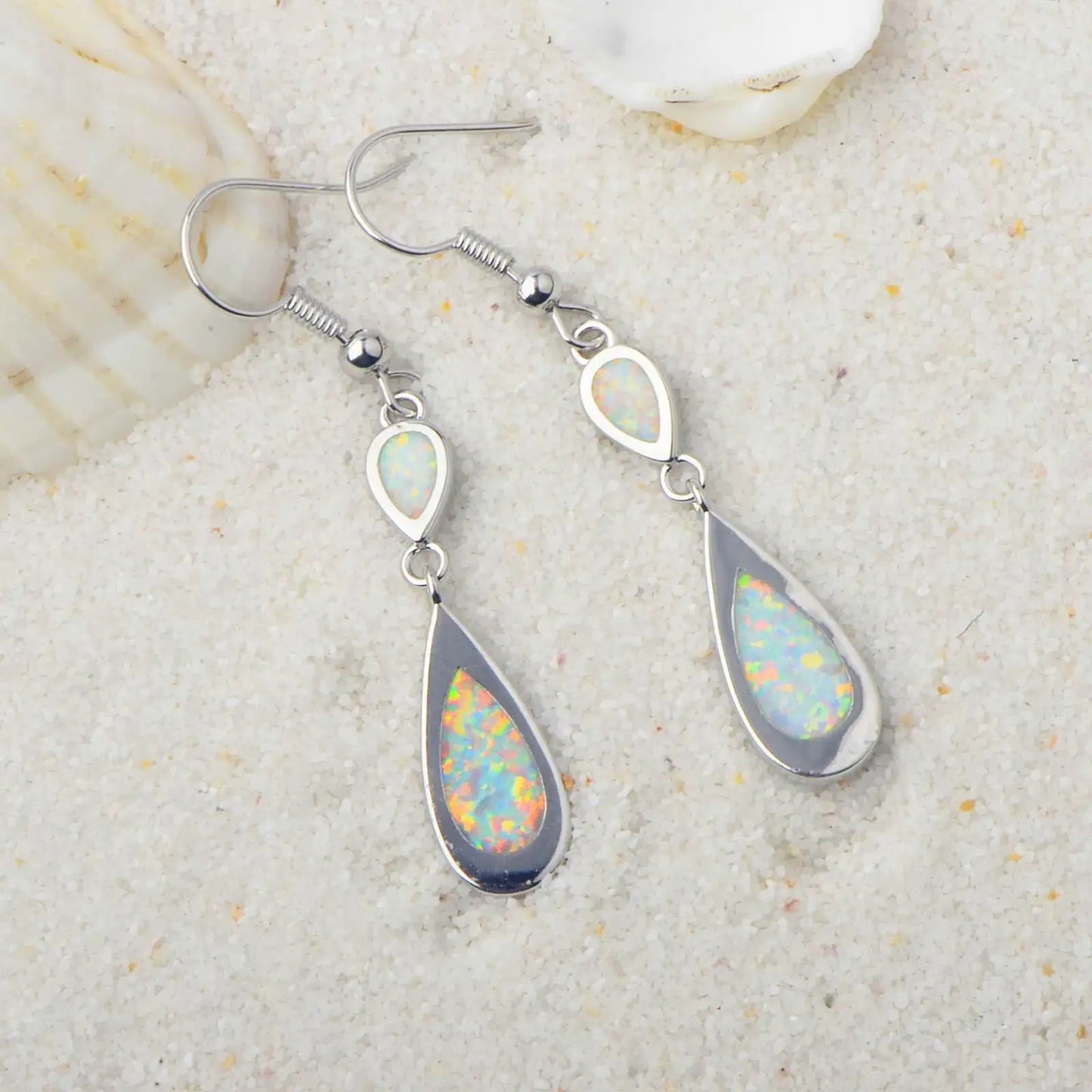 Layered Teardrop Opal Drop Earrings - Iridescent Opal Double-Drop Design | Elegant Daily Jewelry Bulk Gifts