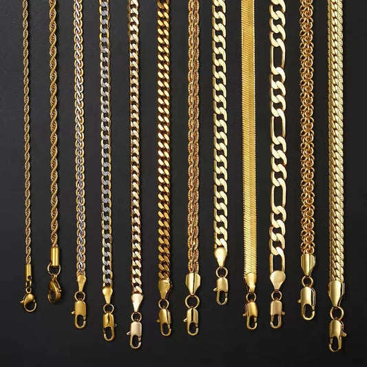 REBEL Men Women Miami Cuban Real Gold Filled Necklace Rope Figaro Snake Fashion Jewelry Stainless Steel Cuban Link Chain