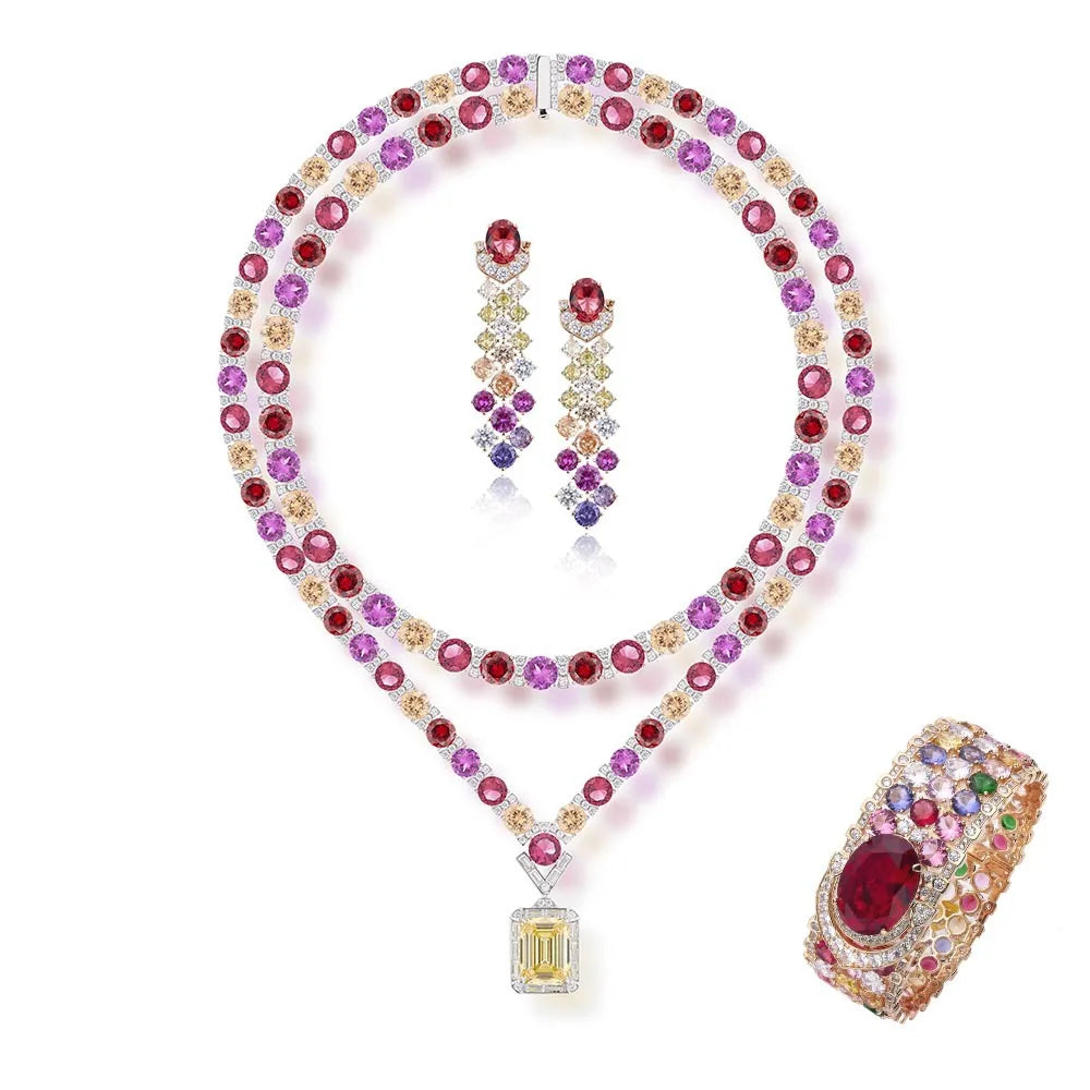 New Arriving Gradient Colorful Zirconia Jewelry Set Gold Plated Heavy Luxury Necklace Earrings Bracelet 3pcs Women Jewelry Set