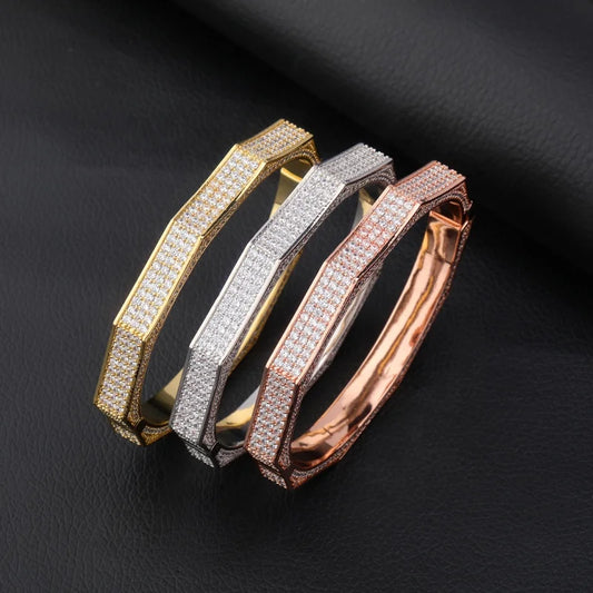 New Design Gold Silver Color Zircon Prong Setting Iced Out Brass Gold Plated Zircon Shiny HipHop Finger Bracelet Men Women Gifts