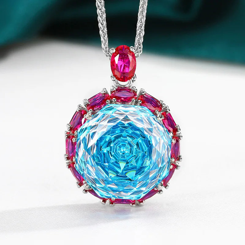 Gemfiori Elegant Colorful Zircon Luxury Jewelry Fashion Necklace Ring Accessories European Rose Pendant Ring Set