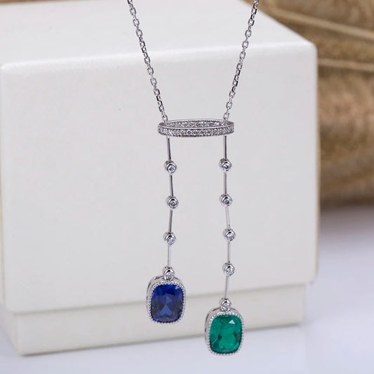 Messi Jewelry MSN-700 18K White Gold Lab Sapphire Lab Emerald Custom Chain Pendant