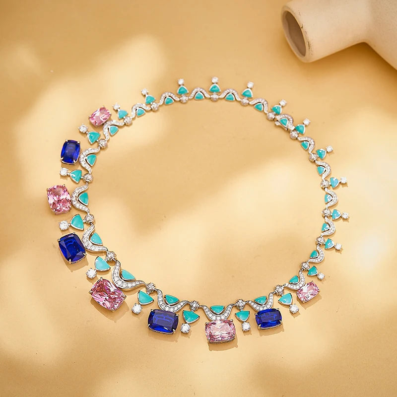 Brass pink Blue Necklace Earrings Two-piece Set Heavy Craftsmanship Texture Inlaid Zircon Low-temperature Enamel Women's Jewelry