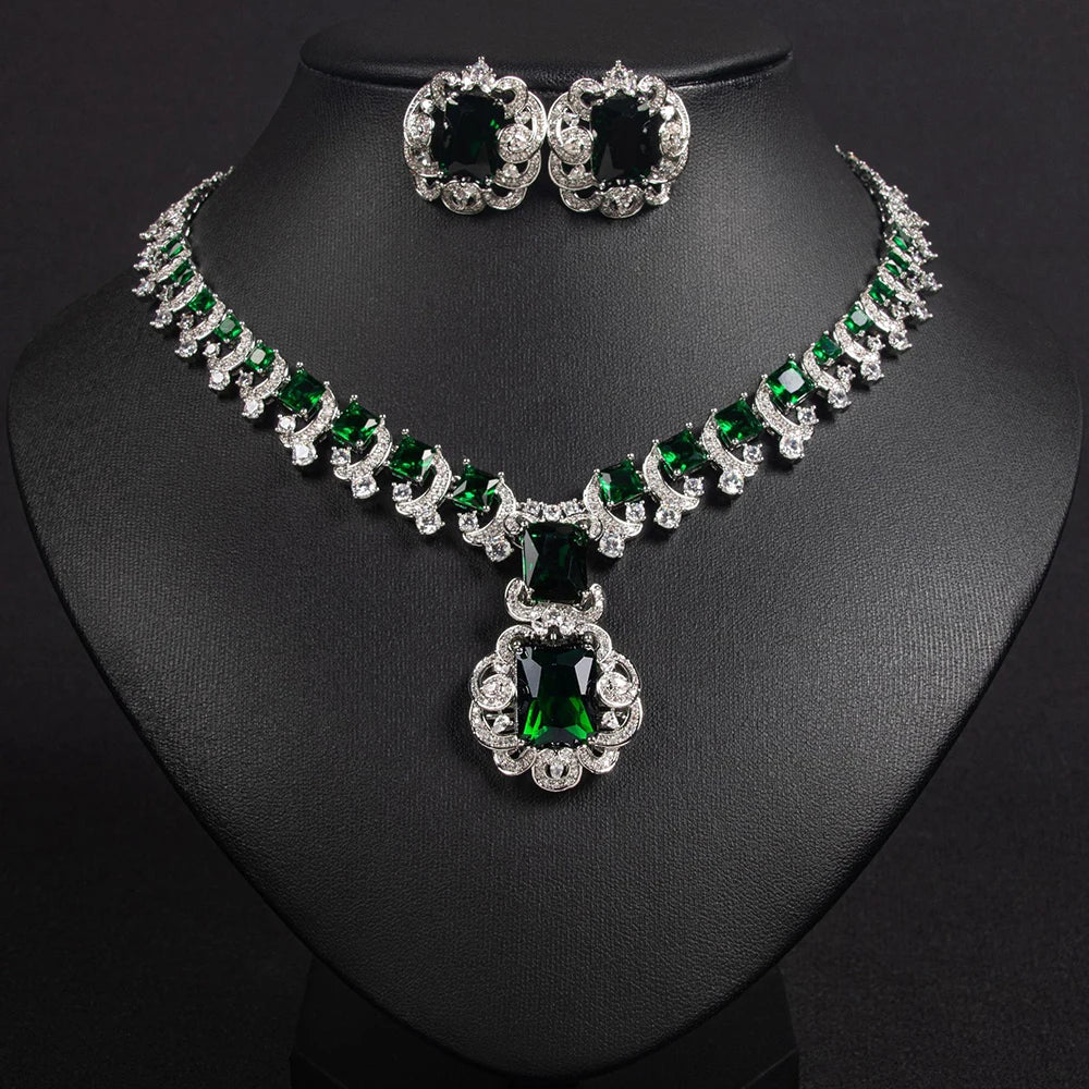 Gemfiori High Quality Luxury Square Pendant Necklaces Earring Sets Ladies Sparkling Zircon Stud Earrings Wedding Engagement Party Jewelry