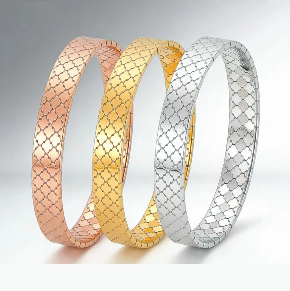 Hypoallergenic Durable Stainless Steel Diamond-Shaped Four Clover Leaf Pattern Bohemia Style Women Water Ressiance Mesh Bracelet