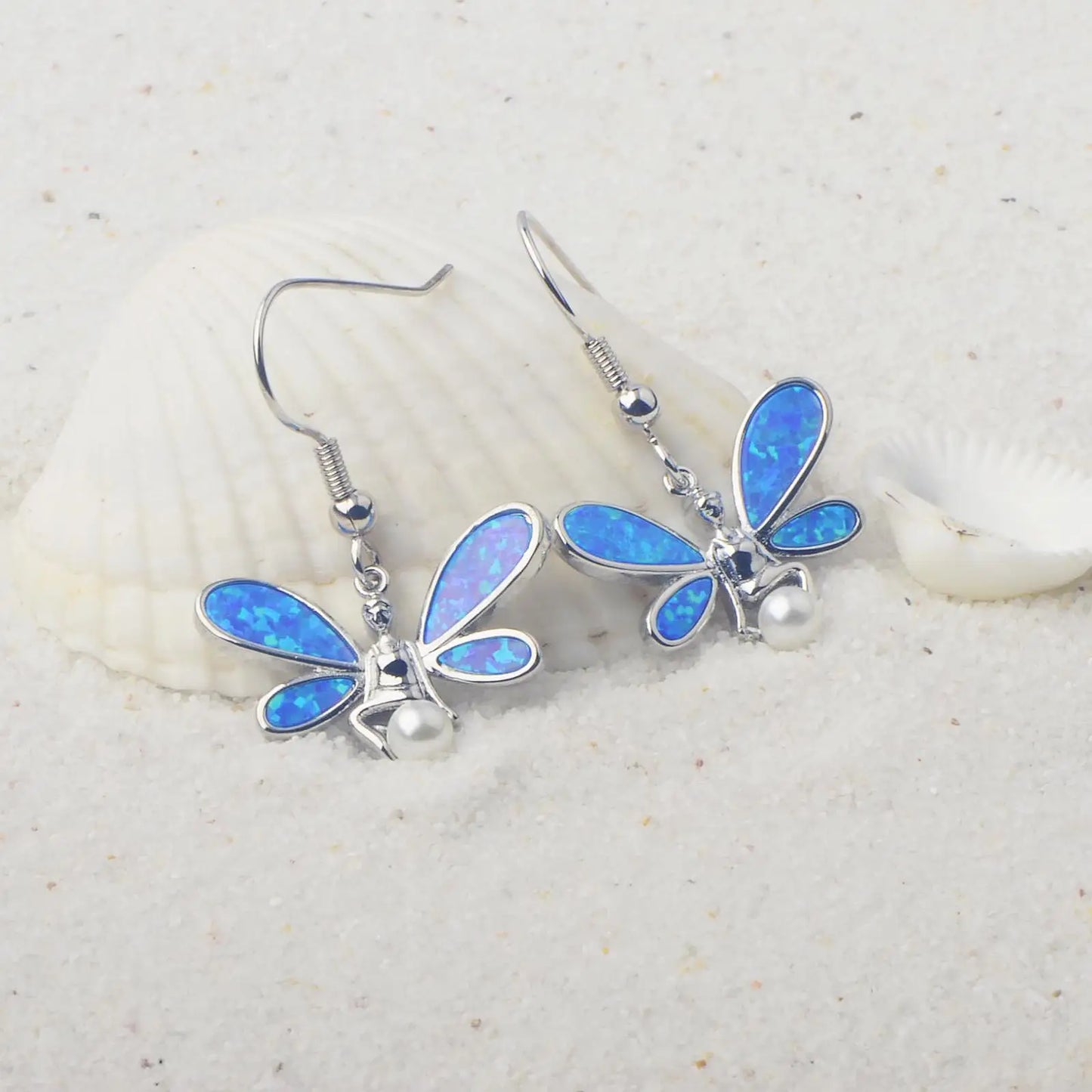 Enchanted Fairy Opal Drop Earrings - Blue Fire Opal Wings & Pearl Accent Design | Whimsical Daily Jewelry Bulk Gifts