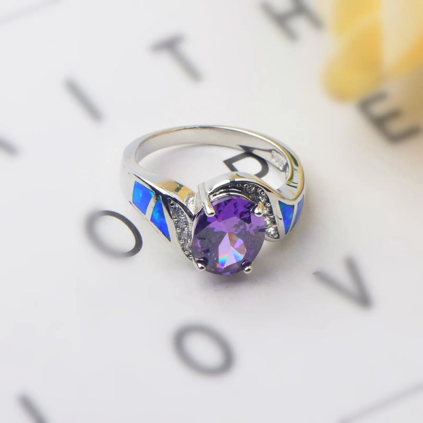 Statement Purple Gemstone & Blue Opal Ring | Zircon-Accented  Band | Luxury Fashion Jewelry for Women Men