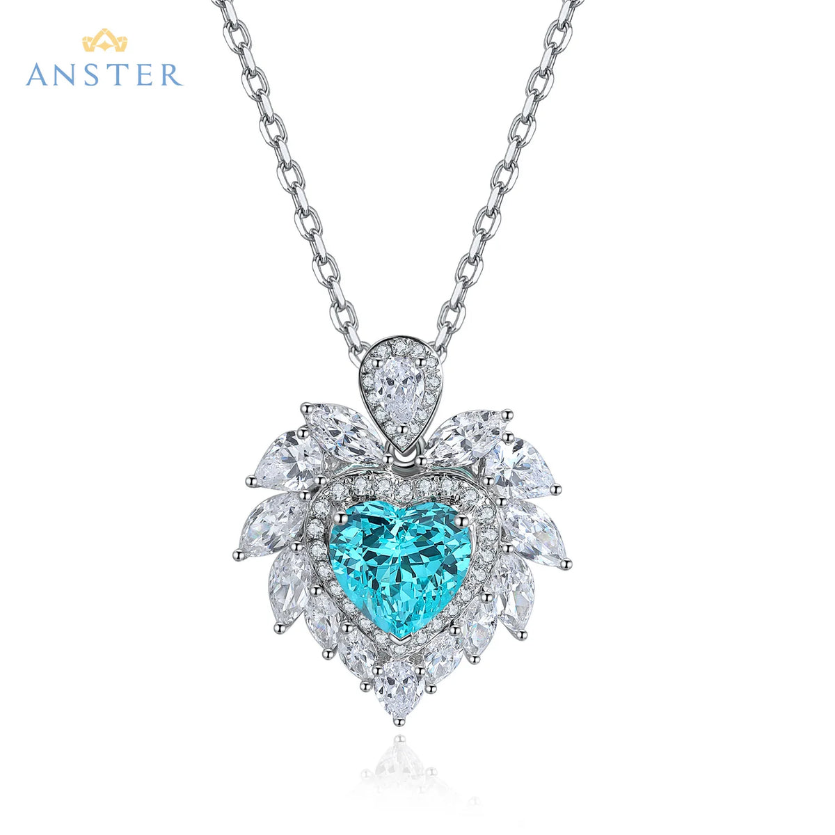 Gemfiori ANSTER Lab Grown Heart Cut Paraiba Necklace for Women 925 Sterling Silver Link Chain Pendant Necklace for Gift Party Anniversary