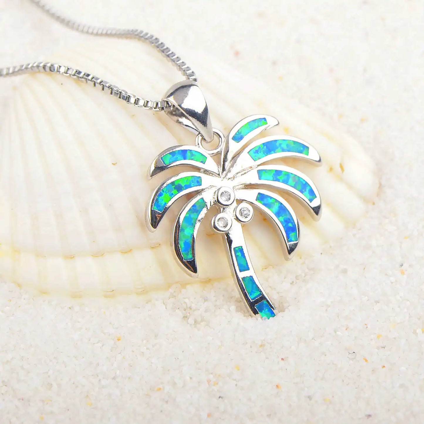 Aobao Christian Copper Opal Plant Palm Tree Collar Lariat Necklace Women's Hawaiian Style Silver Plated Blue Coconut Tree
