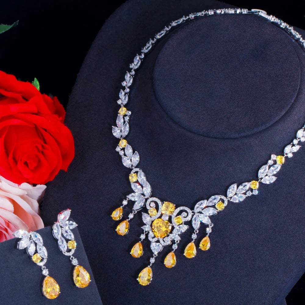 High Quality Cubic Zirconia Nigeria Tassel Necklace and Earrings Luxury Wedding Brides Yellow Jewelry Sets for Women Party