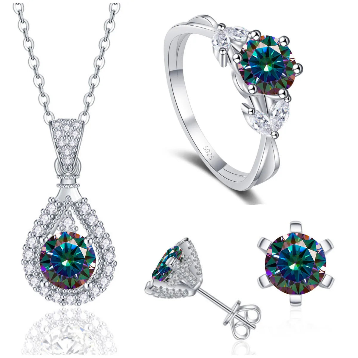 REDheart Fine 925 Sterling Silver Women's Wedding Bridal Jewellery Set Round Cut VVS Colored Moissanite Rings Necklace and Earrings Set
