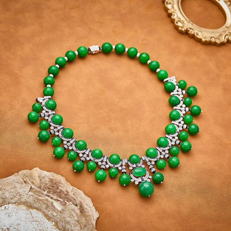 Oriental Retro Green Bead Brass Evening Dress Necklace Earrings Accessories Gorgeous Personalized Banquet Party Women's Set