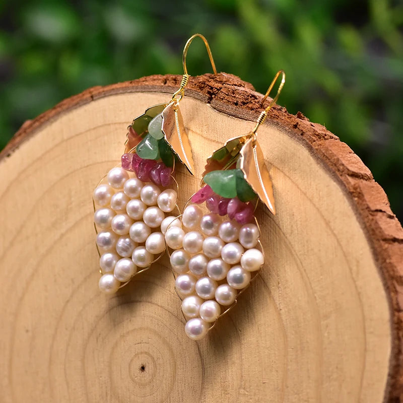 Natural Fresh Water Dangle Earrings for Women Leaf Grape Drop Earrings for Women Fashion Jewelry
