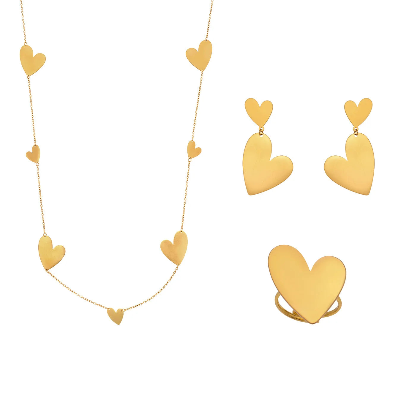 Geometric Love Sweater Chain Necklace, Earrings & Ring | 18K Gold Plated Fashion Jewellery Set