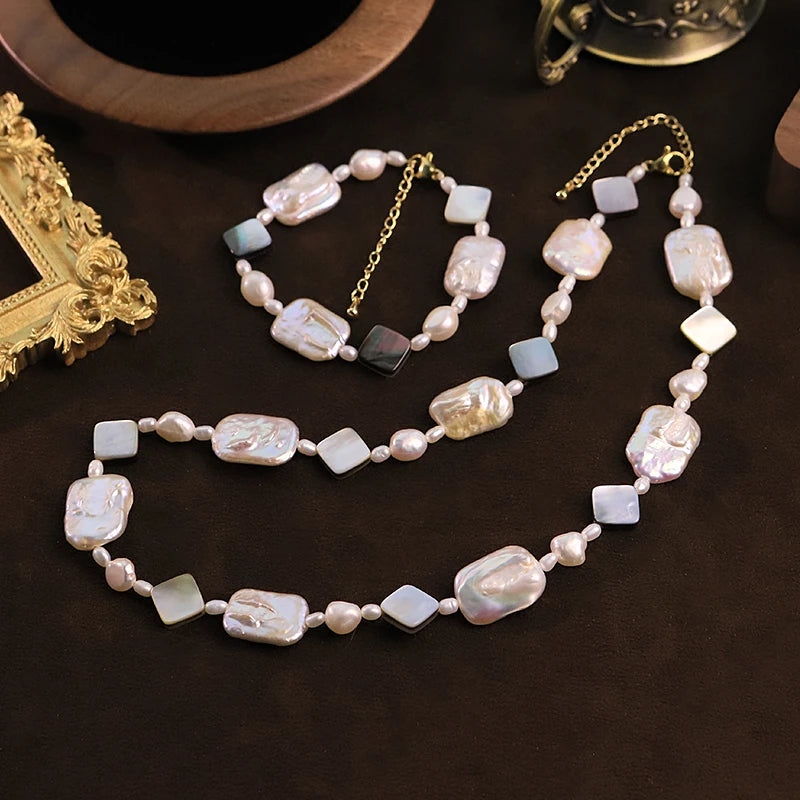 GLSEEVO Natural Freshwater Baroque Pearl Jewelry Set for Mother's Day Gift Rectangle Pearl Necklace Bracelet Luxury Jewelry