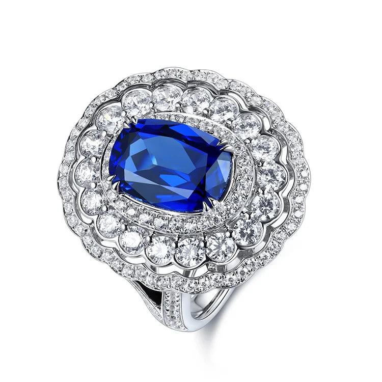 Gemfiori Handmade Triple Halo Ring for Women Sterling 925 Silver Lab Grown Sapphire Rings Gift Idea Wedding Jewelry