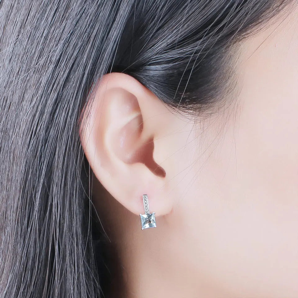 Fashion Jewelry Classic Rhodium Plated 925 Sterling Silver Earrings Blue Topaz Stone Hinged Backing Clip-On Earring for Women