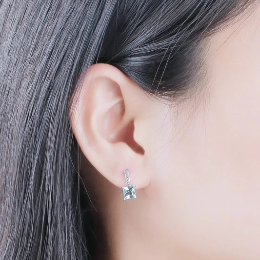 Fashion Jewelry Classic Rhodium Plated 925 Sterling Silver Earrings Blue Topaz Stone Hinged Backing Clip-On Earring for Women
