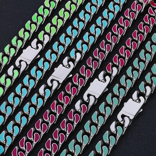 Hip Hop 12mm Colorful Oil Drop Stainless Steel Cuban Chain Niche Necklace Bracelet For Men
