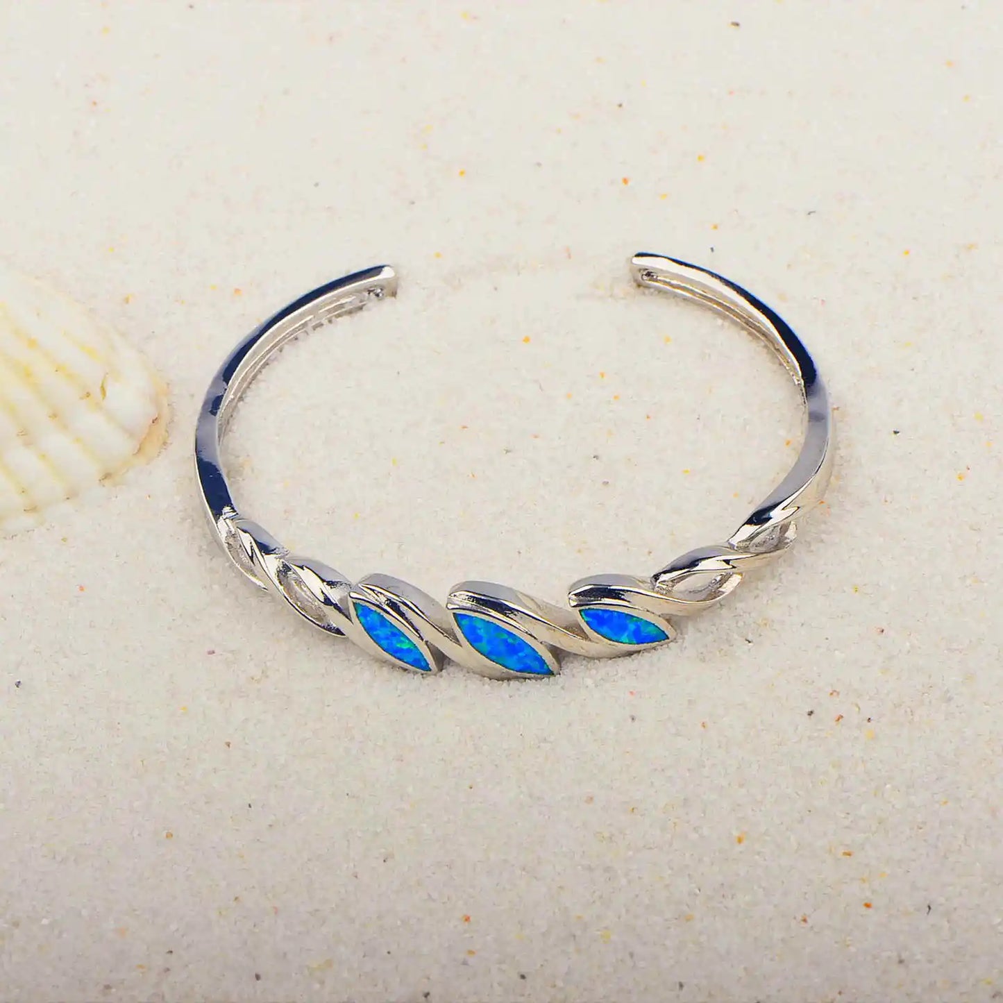 Coastal Retro Opal Cuff - Braided Design Blue Sparkle Open Bracelet