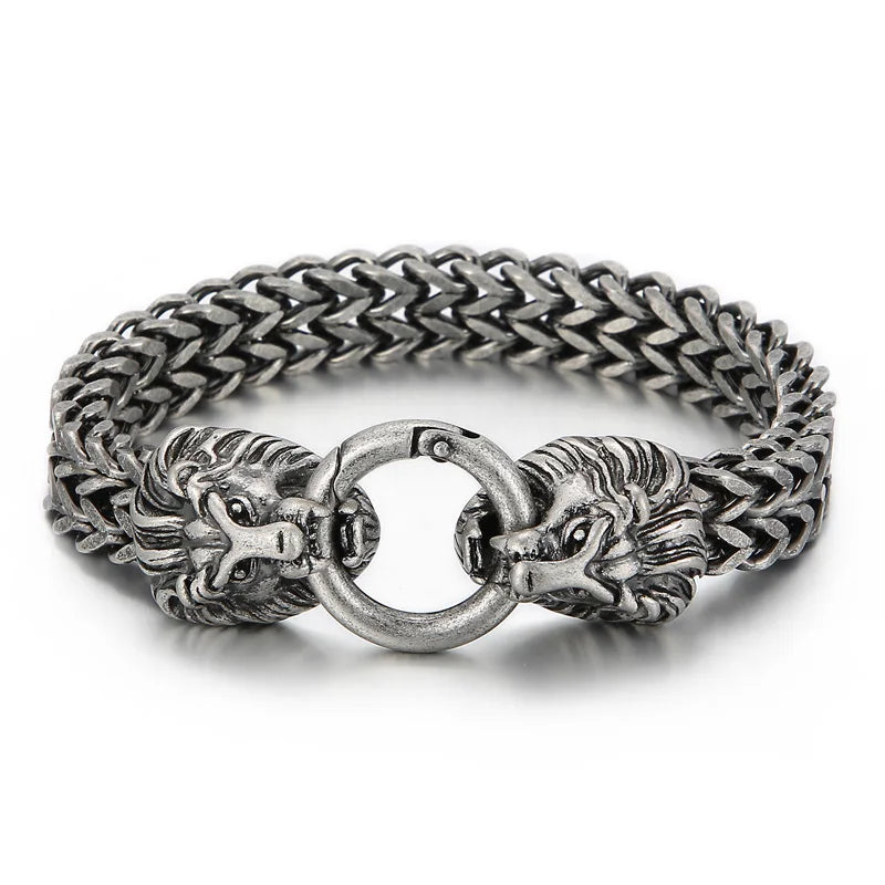 KALEN 230mm Men Punk Stainless Steel Herringbone Bracelet With Lion Head Charms Clasp
