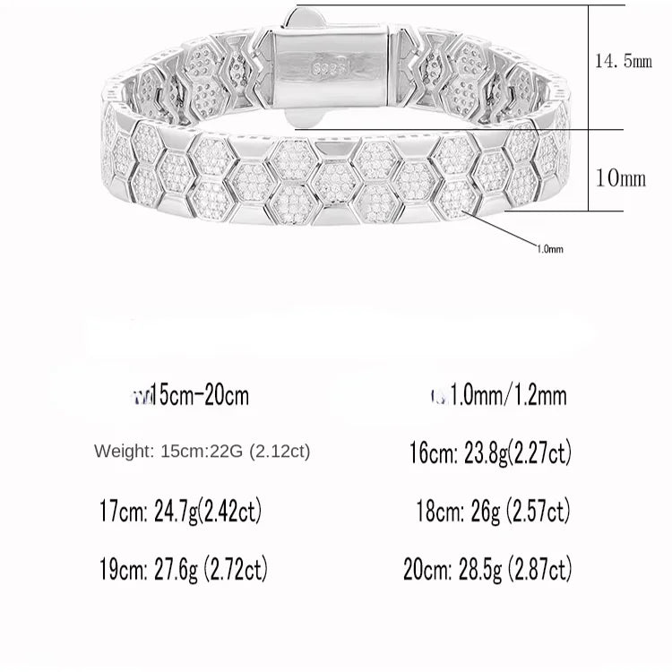 ArtistA 9 Factory 10mm Honeycomb Grid Micro-Pave VVS1 D Color Moissanite 925 Sterling Silver Multi-Size Fashion Design Bangle Bracelets
