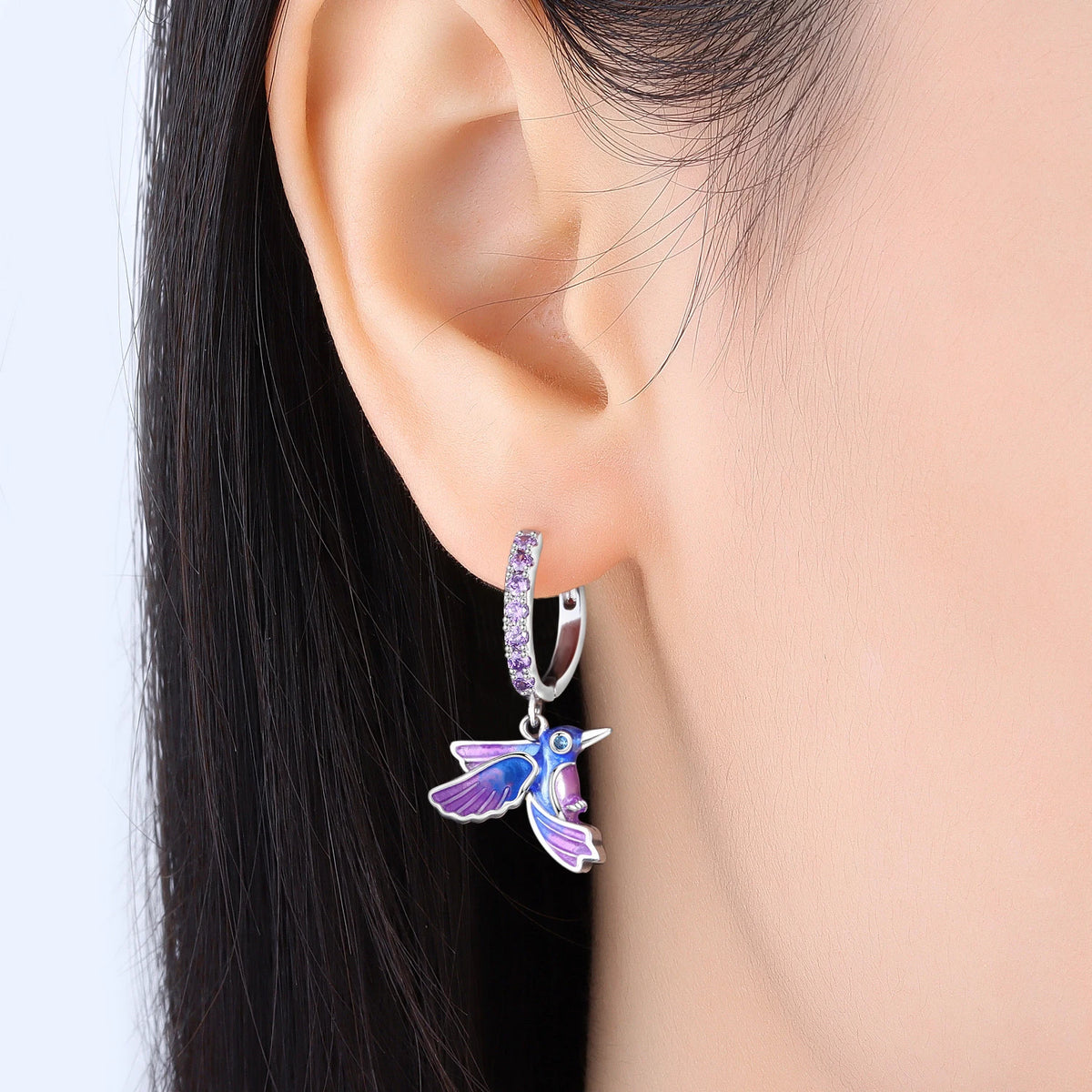Shining Single Row Zircon Paved Gradient Blue Purple Enamel Hummingbird Dangle Drop Earrings Copper Silver Plated Women's Trendy