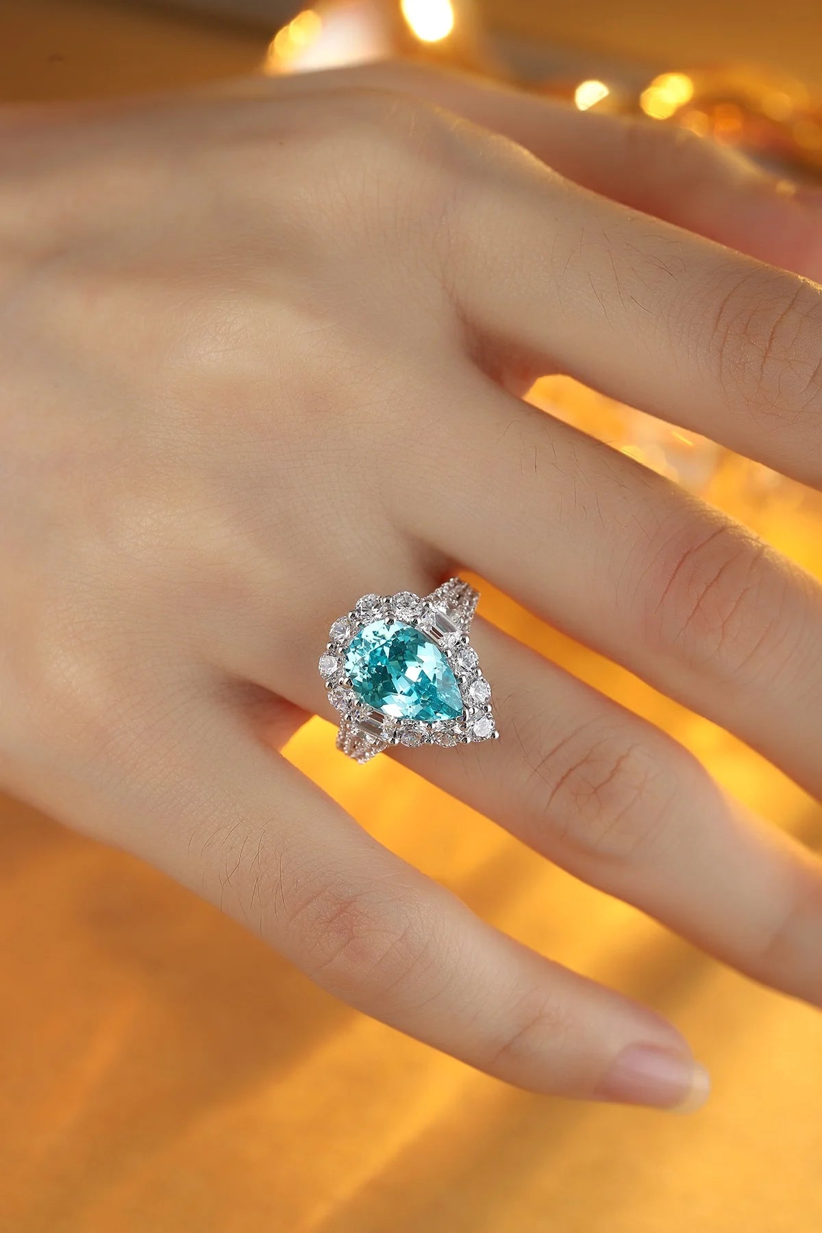 Gemfiori Vintage Lab Grown Paraiba Engagement Ring Sterling Silver 925 Rhodium Plated Pear Cut Wedding for Her Men's Anniversary Party