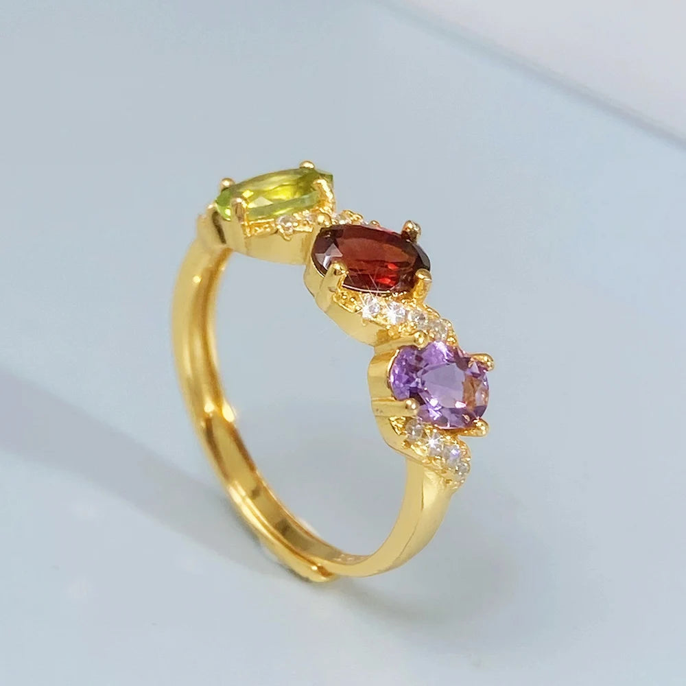 Gioiellieri Vintage Natural Gemstone Ring for Women S925 Sterling Silver Amethyst Garnet Peridot Jewelry Gift for Anniversary