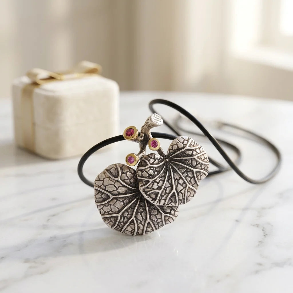 Handmade Classic Style Lotus Leaf Design 925 Sterling Silver Pendant Synthetic Red Corundum Women's Anti-Silver Plated