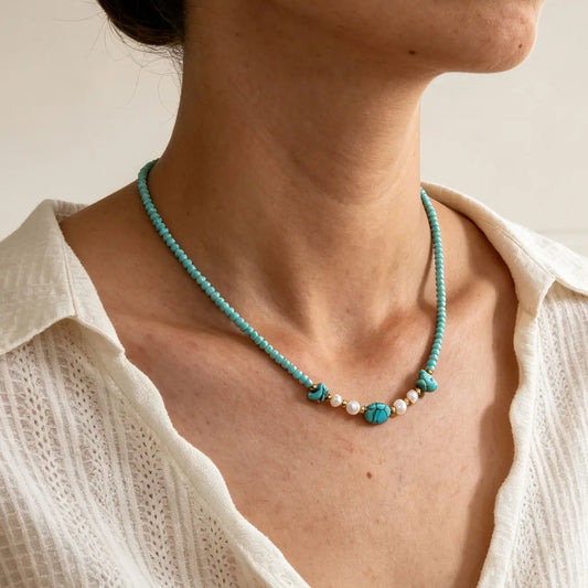 Joolim PVD Plated Wholesale Waterproof Fashion Boho Mixed Turquoise Chip & Pearl Bead Necklace Stainless Steel Jewelry