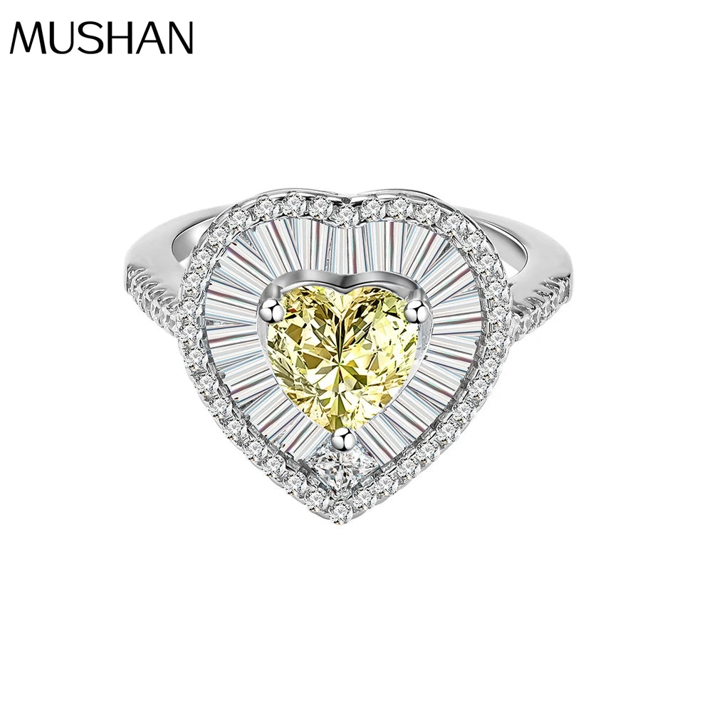 MuShan Jewelry Factory Heart Shaped 7mm Light Yellow Main Diamond 925 Silver Ring Women High Carbon Diamond pink Diamond Ring