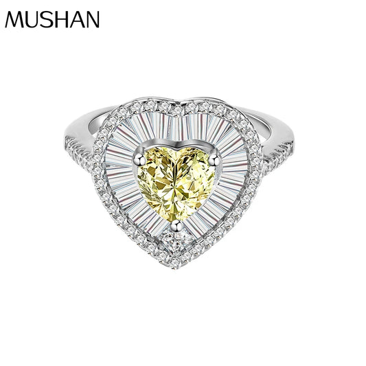 MuShan Jewelry Factory Heart Shaped 7mm Light Yellow Main Diamond 925 Silver Ring Women High Carbon Diamond pink Diamond Ring