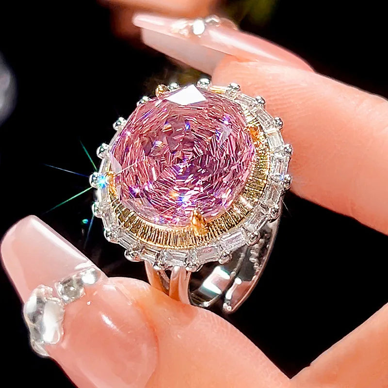 Gemfiori Bridal Banquet Casual Zircon Necklace Ring Women's Niche Rose Flower Zircon Earring Set