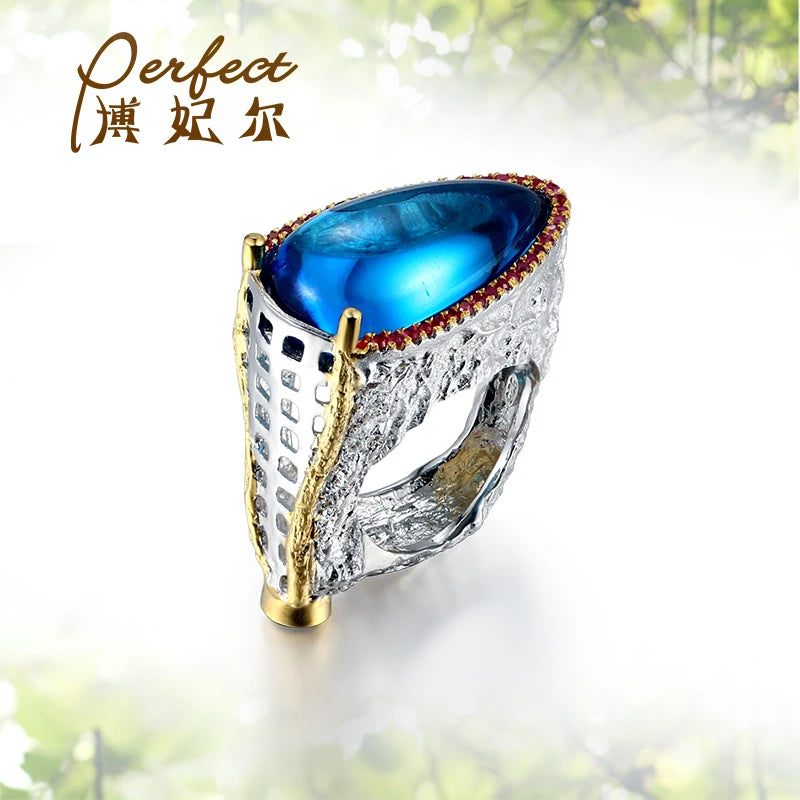 Arab Design Black Gold Plated 925 Sterling Silver Finger Ring with Blue Spinel