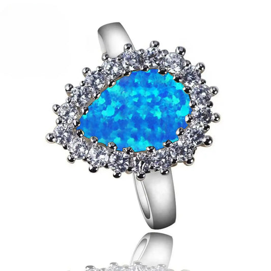 Statement Marquise Opal Ring - Blue Fire Opal & CZ Halo Cluster | Bold Daily Jewelry Bulk Gifts