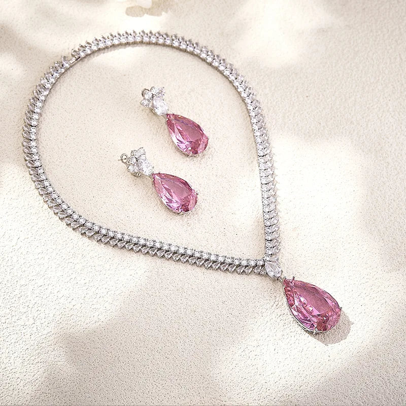 Luxury Design Large Teardrop Pendant Pear Cut Shiny Cubic Zirconia Luxury Women Party Jewelry Sets