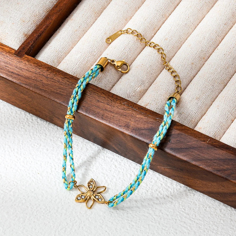 Joolim High End Gold Plated Waterproof Boho Woven Rope Sunburst Zirconia Pendant Stainless Steel Bracelet Wholesale Jewelry
