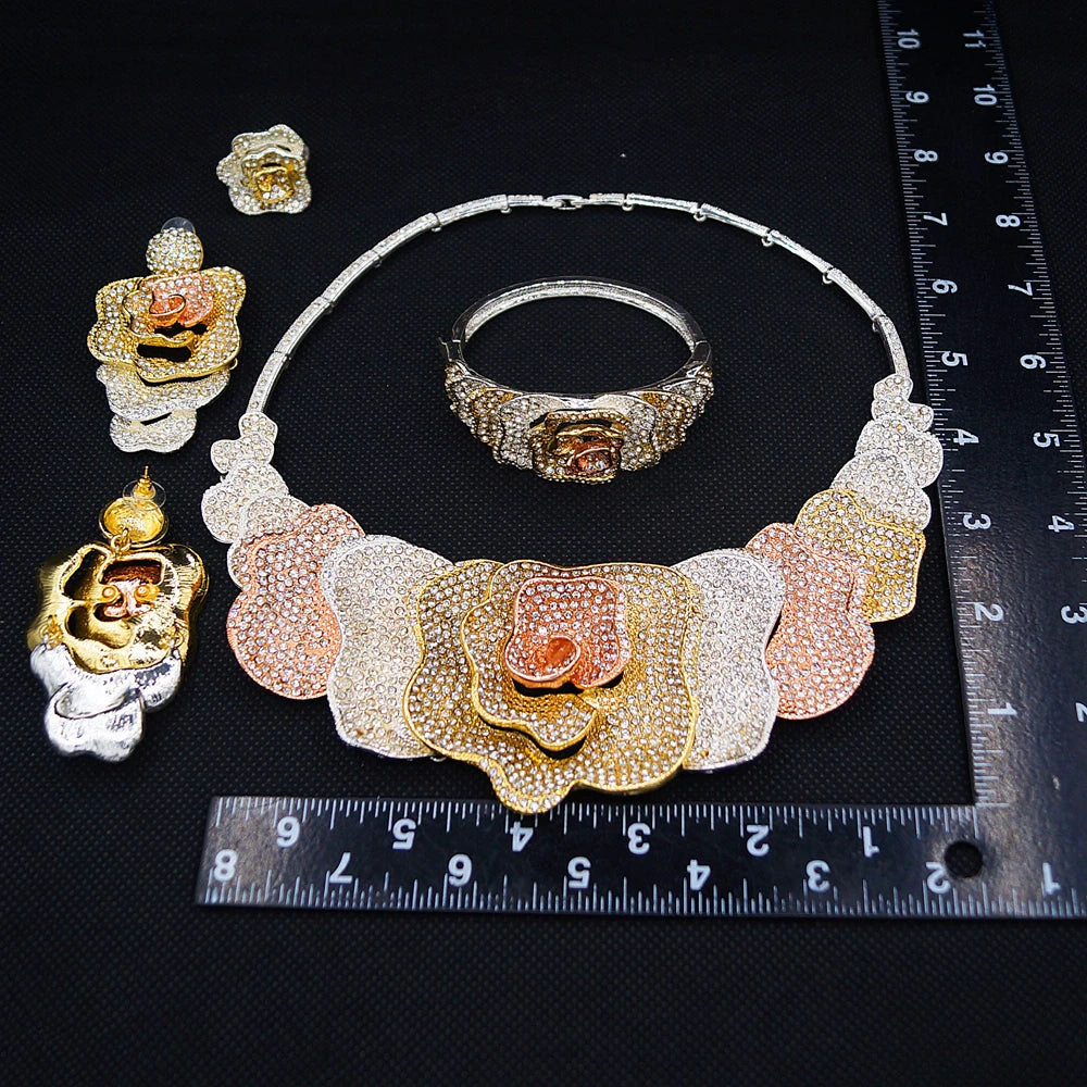 Zhuerrui Rhinestone Paved Rose Flower Jewelry Set for Wedding Multi-color Crystal Floral Statement Jewelry Sets HS2550139