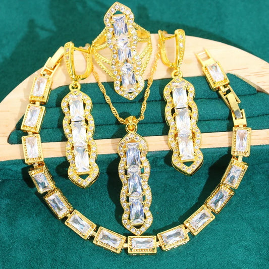 Exquisite White Zircon Gold Color Jewelry Set for Women Wedding Earrings Necklace Pendant Ring Bracelet for Parties Engagements