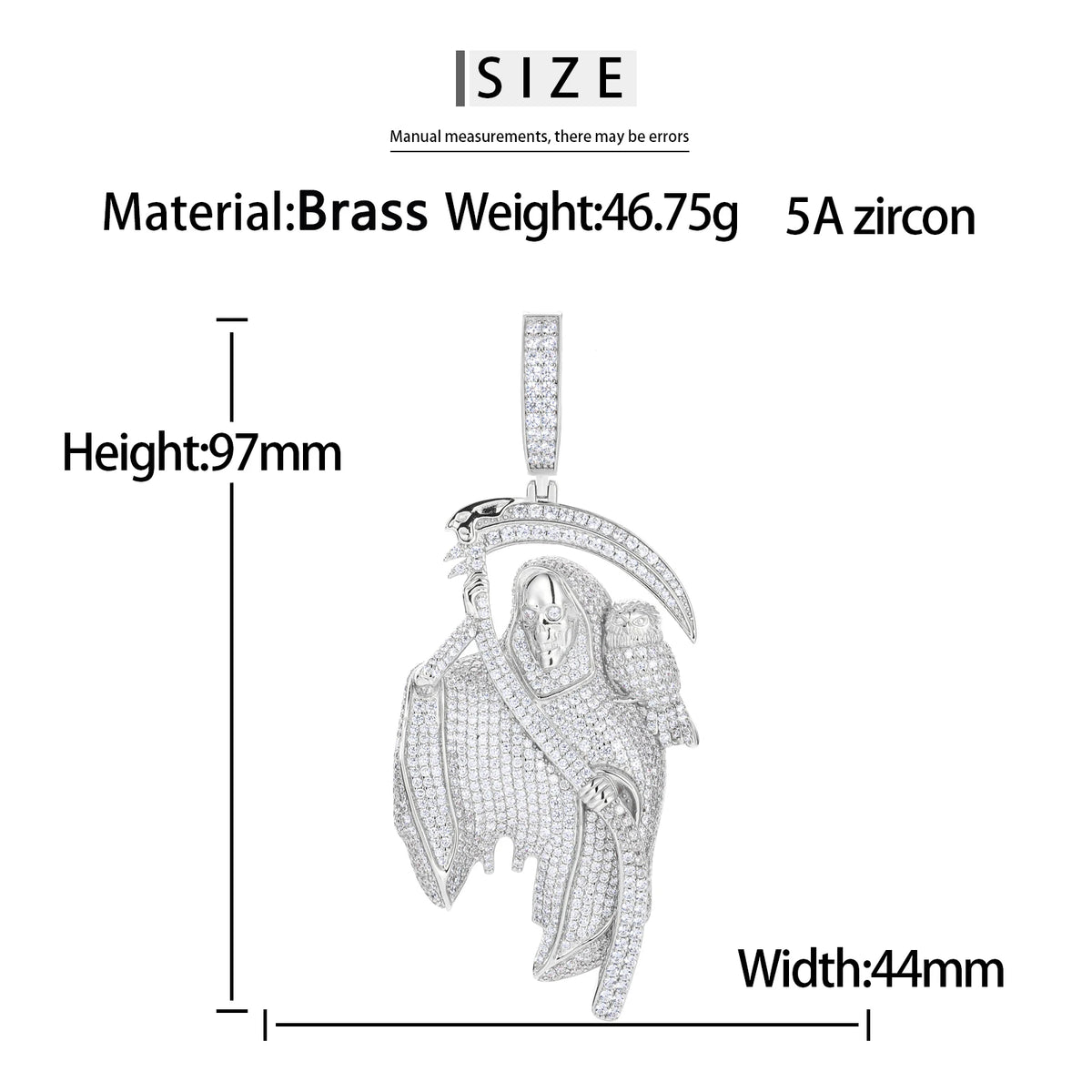 Punk Style Street Jewelry Luxury Gold Plated Brass AAAAA CZ Diamond Iced Out Grim Reaper Pendant for Hip Hop Men Women