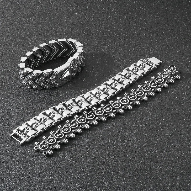 REBEL Mens Punk Fine Jewelry Fashion Bracelets Stainless Steel Trendy Skull Links Bracelet